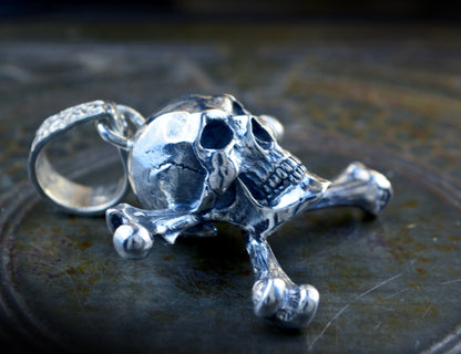 Silver Skull and Crossbones Pendant, Jolly Roger Necklace, Realistic Pirate Skull, Memento Mori