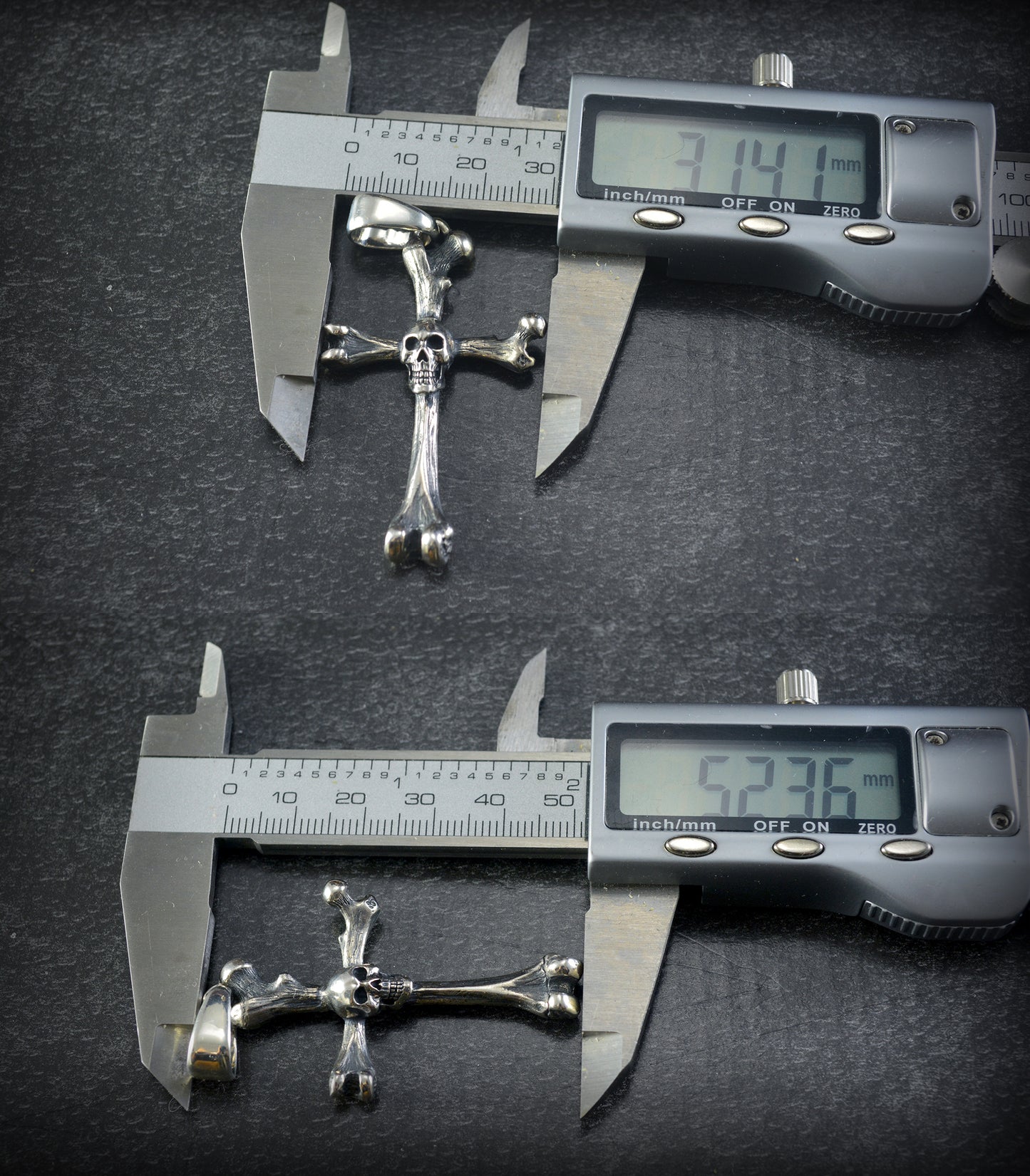 Bone cross pendant with solid sterling silver skull, Memento mori pendant, Realistic bones and skulls