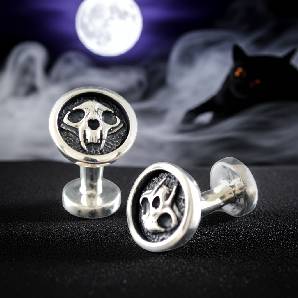 Gemelos de camisa con calavera de gato hechos a mano en plata de ley maciza, Regalo de boda para amantes de gatos - D´Cast