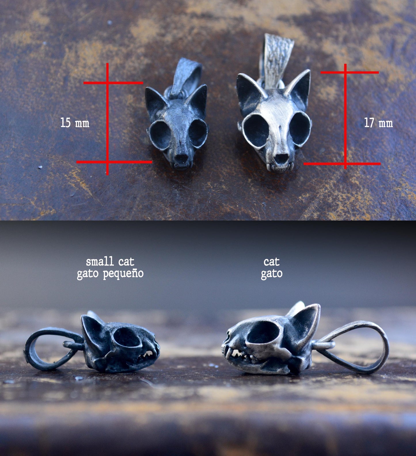 Colgante pequeño calavera de gato en plata | Joyería alternativa artesanal | Hecho a mano