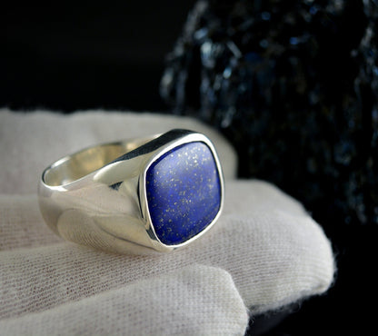 Anillo sello cuadrado de plata maciza con lapis lázuli, Anillo de sello cuadrado, Anillo con piedra azul, Regalo genial para hombres