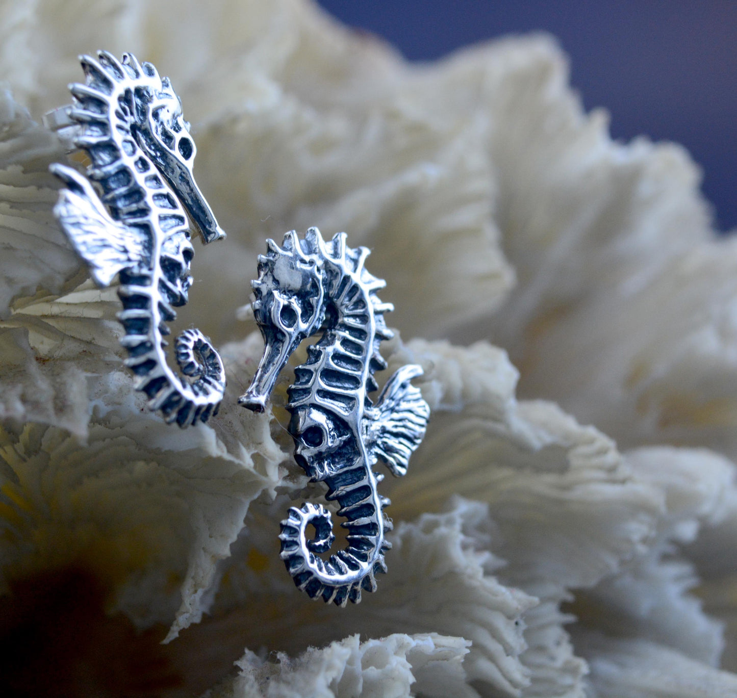 Pendientes caballito de mar con calavera en plata de ley – Joyería alternativa unisex | Gótico oceánico, punk, talismán hecho a mano