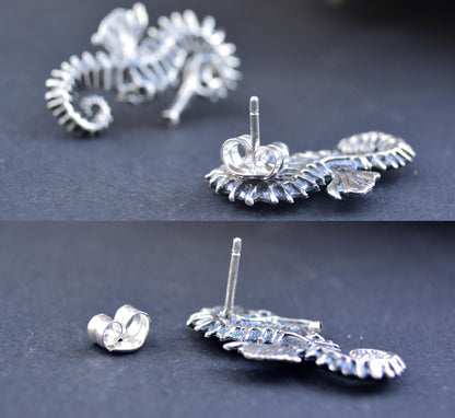 Pendientes caballito de mar con calavera en plata de ley – Joyería alternativa unisex | Gótico oceánico, punk, talismán hecho a mano