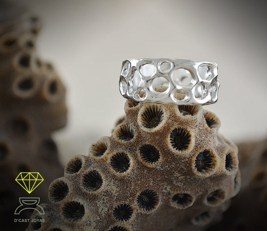 Alianza erosión hecho a mano en plata de ley, Anillo de banda inspirado en los corales - D´Cast