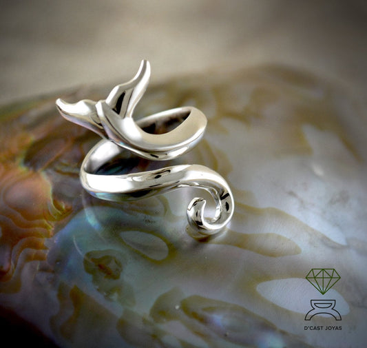 Anillo plata Cola de ballena, Anillo ajustable cola ballena, Anillo plata abierto, Anillo artesanal, Joyería del mar, Joyería unisex - D´Cast