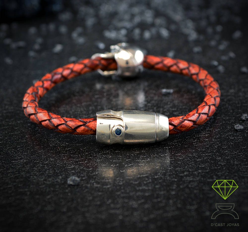 Pulsera Calavera  plata de ley y cuero, Brazalete calavera hombre, Brazalete cuero artesanal, Joyería hombre - D´Cast