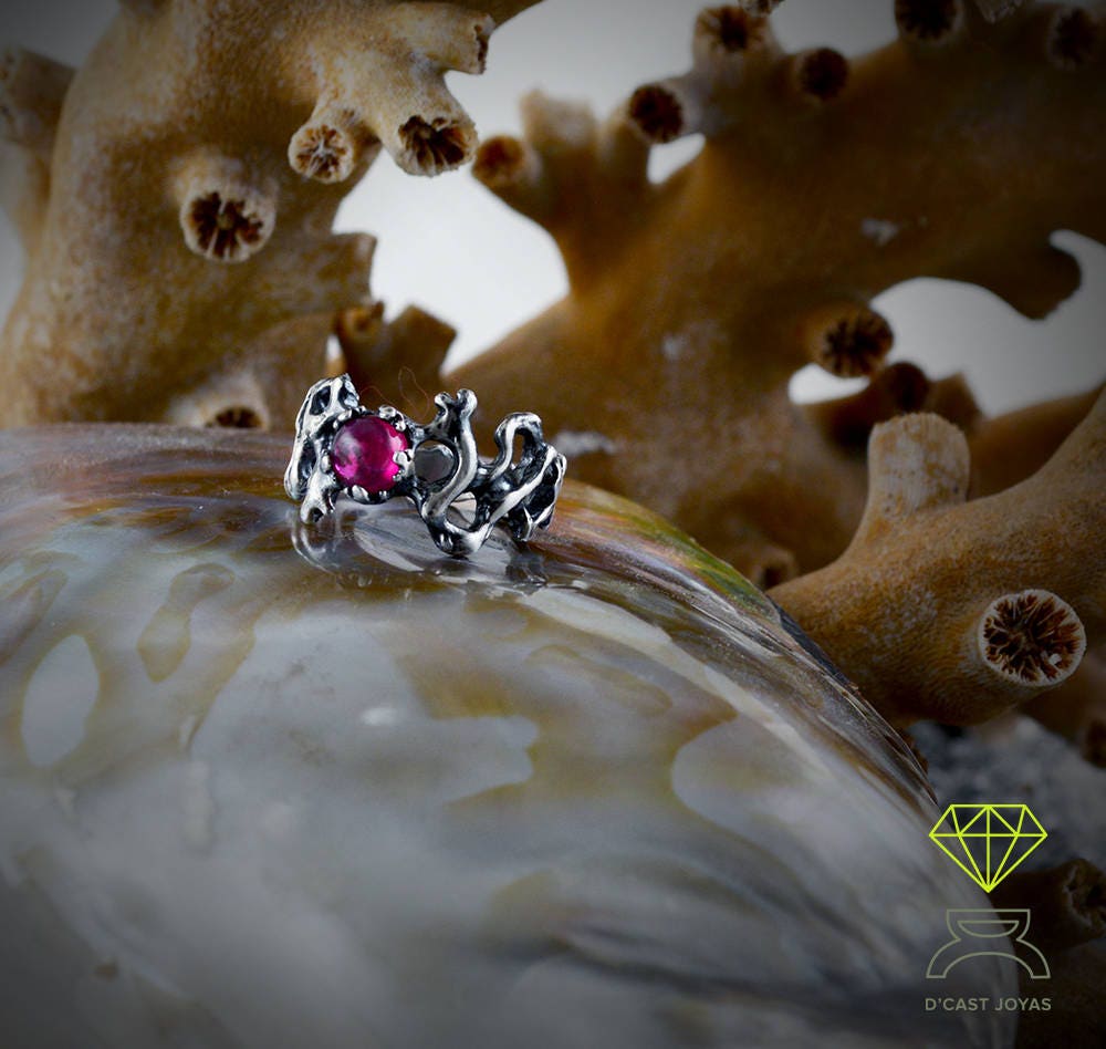 Anillo solitario plata Coral, Joyería del mar, Anillo artesanal - D´Cast