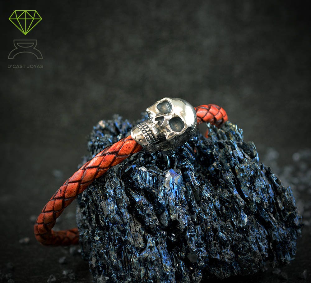 Pulsera Calavera  plata de ley y cuero, Brazalete calavera hombre, Brazalete cuero artesanal, Joyería hombre - D´Cast