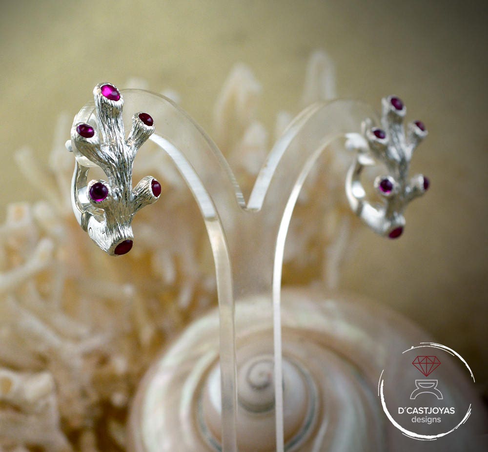 Pendientes de plata coral con gemas, Pendientes novia corales, Regalo Día de la Madre, Joyería del mar, Joyería novia bohemia - D´Cast