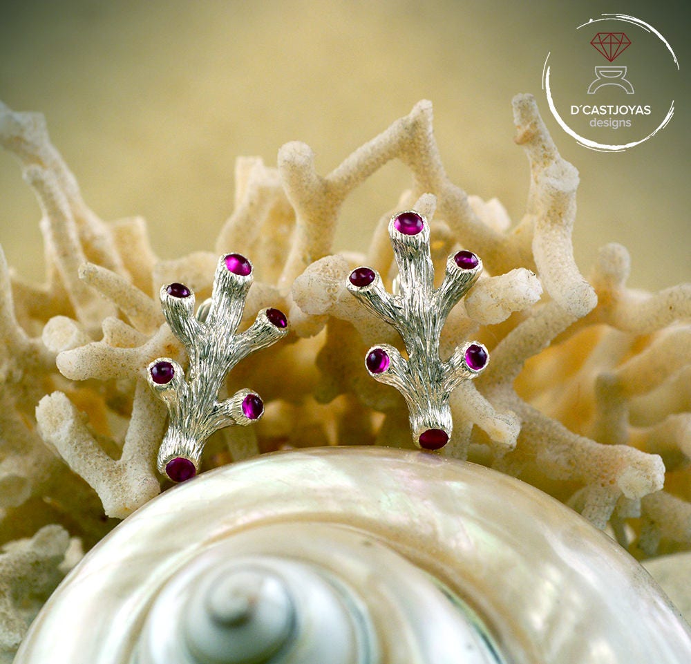 Pendientes de plata coral con gemas, Pendientes novia corales, Regalo Día de la Madre, Joyería del mar, Joyería novia bohemia - D´Cast