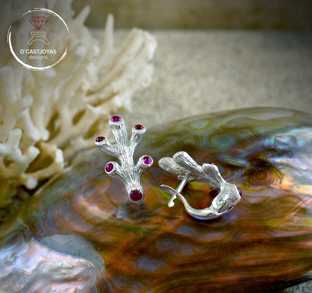 Pendientes de plata coral con gemas, Pendientes novia corales, Regalo Día de la Madre, Joyería del mar, Joyería novia bohemia - D´Cast