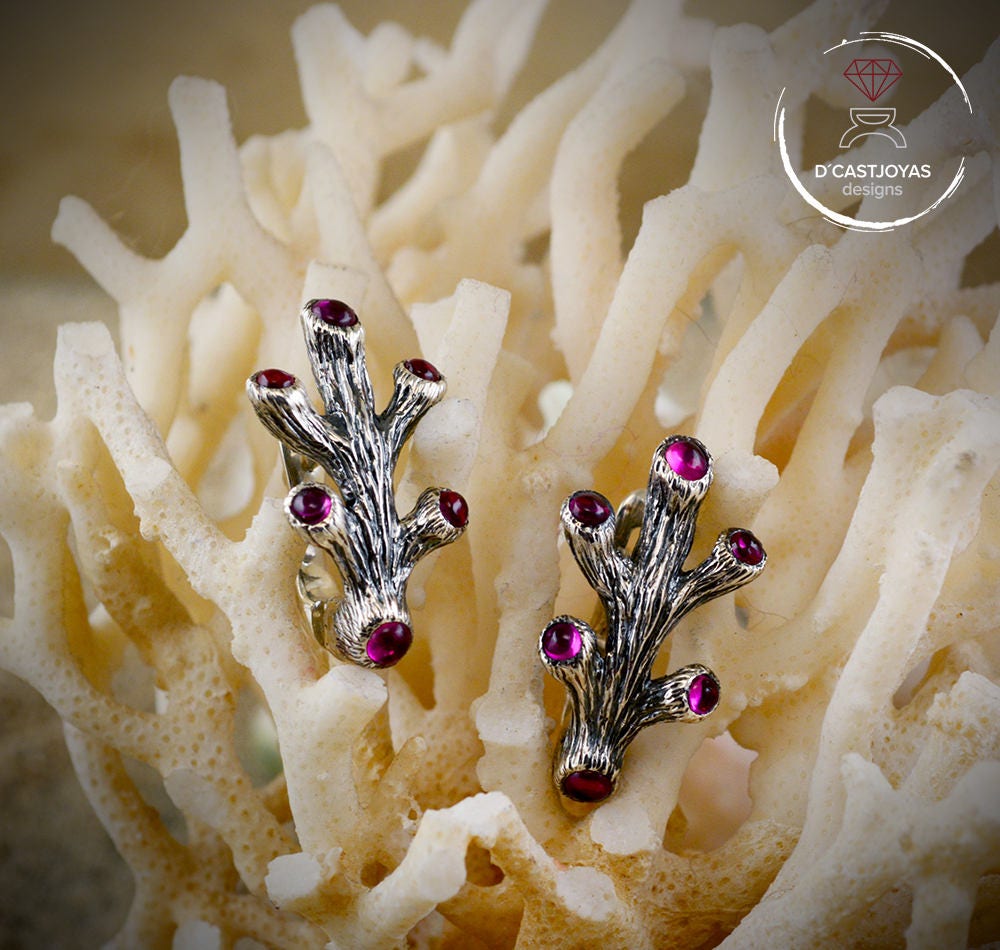 Pendientes de plata coral con gemas, Pendientes novia corales, Regalo Día de la Madre, Joyería del mar, Joyería novia bohemia - D´Cast