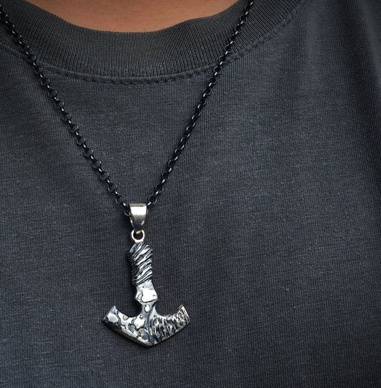 Hammered Texture Viking Amulet Necklace, Mjolnir Silver Pendant