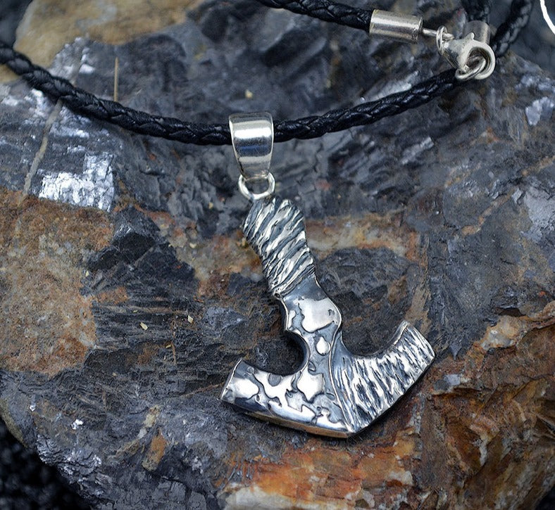 Hammered Texture Viking Amulet Necklace, Mjolnir Silver Pendant