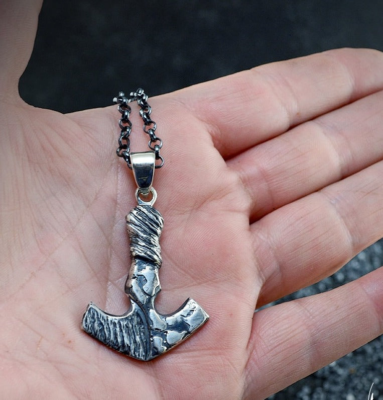 Hammered Texture Viking Amulet Necklace, Mjolnir Silver Pendant
