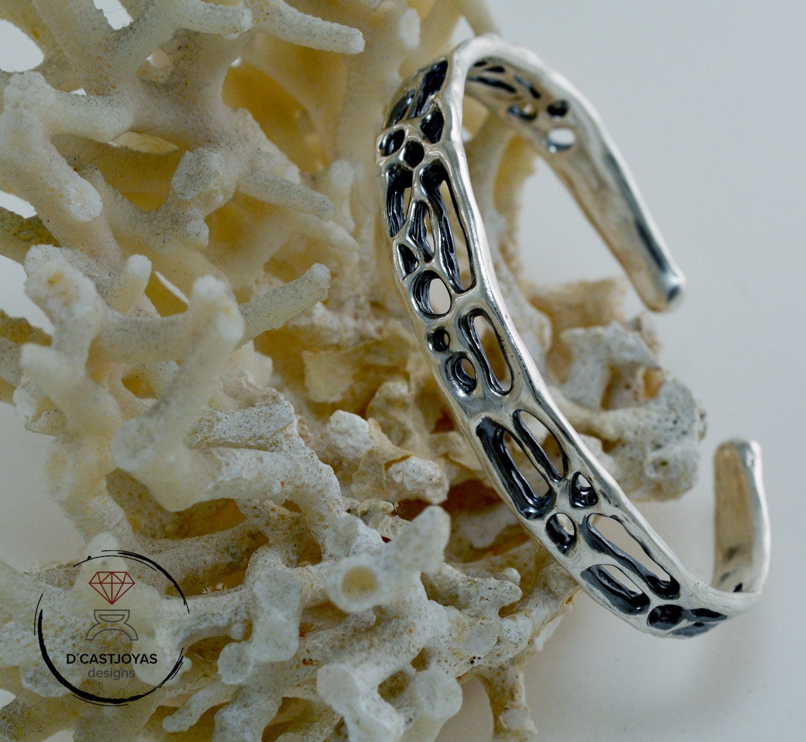 Brazalete plata 925, Brazalete plata rústico de coral, Brazalete plata sólida mujer y hombre,Joyería de océano, Joyería contemporánea - D´Cast