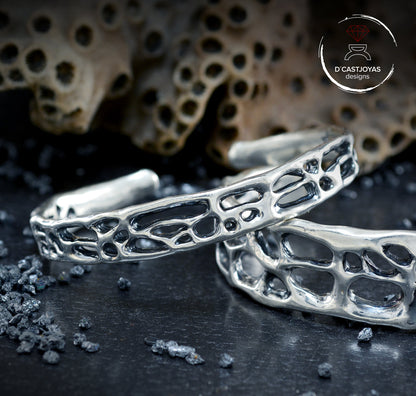 Brazalete plata 925, Brazalete plata rústico de coral, Brazalete plata sólida mujer y hombre,Joyería de océano, Joyería contemporánea - D´Cast