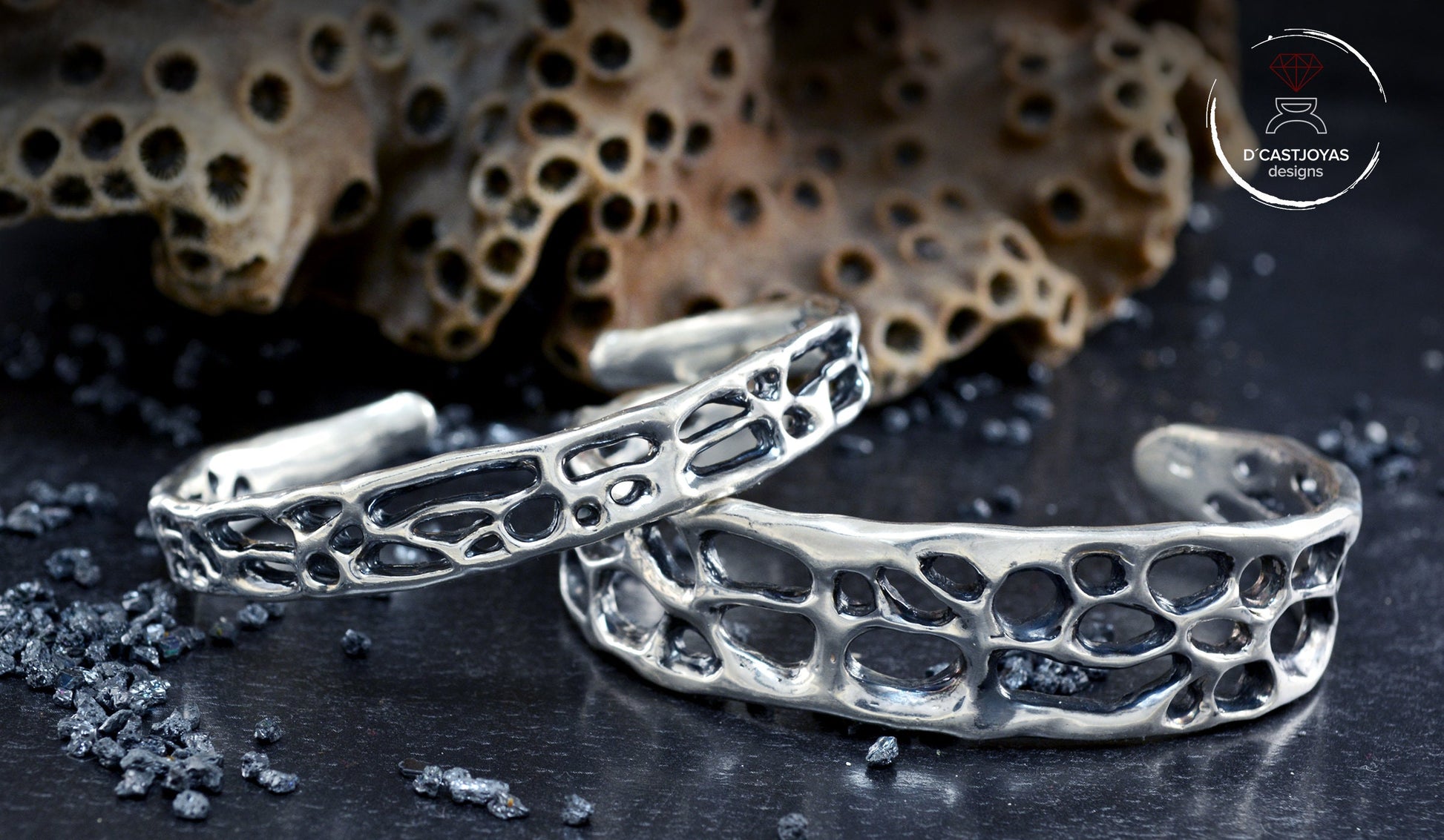 Brazalete plata 925, Brazalete plata rústico de coral, Brazalete plata sólida mujer y hombre,Joyería de océano, Joyería contemporánea - D´Cast