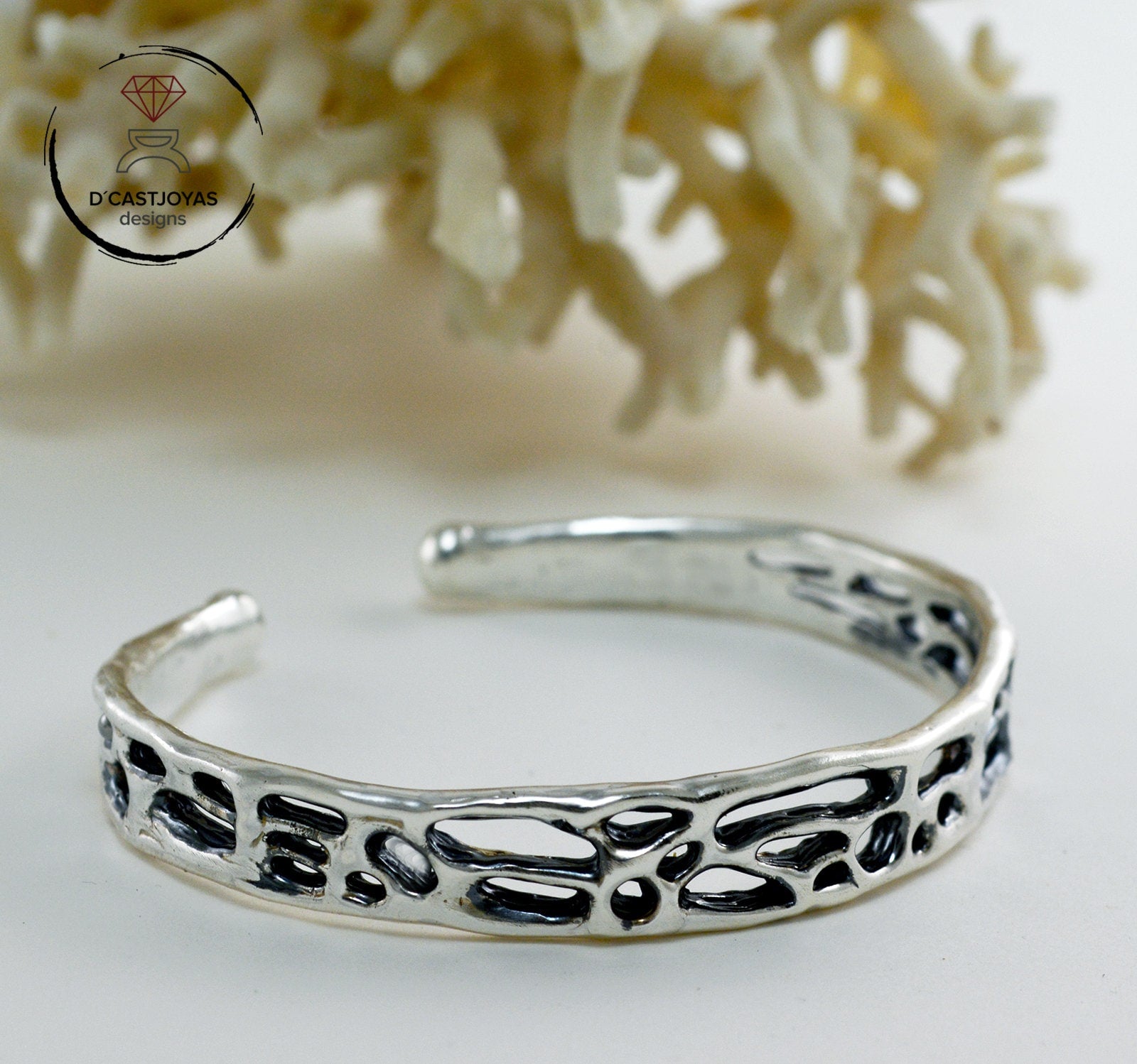 Brazalete plata 925, Brazalete plata rústico de coral, Brazalete plata sólida mujer y hombre,Joyería de océano, Joyería contemporánea - D´Cast