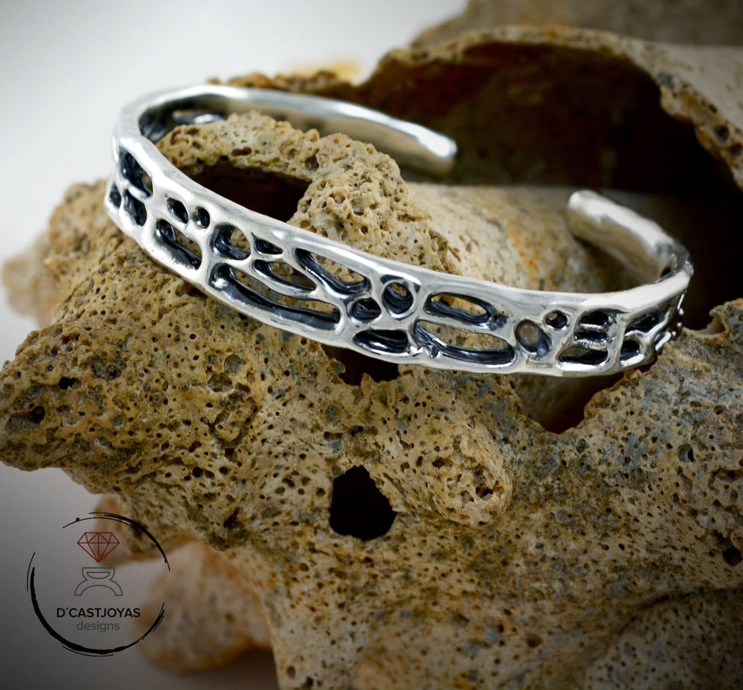 Brazalete plata 925, Brazalete plata rústico de coral, Brazalete plata sólida mujer y hombre,Joyería de océano, Joyería contemporánea - D´Cast