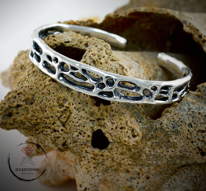 Brazalete plata 925, Brazalete plata rústico de coral, Brazalete plata sólida mujer y hombre,Joyería de océano, Joyería contemporánea - D´Cast