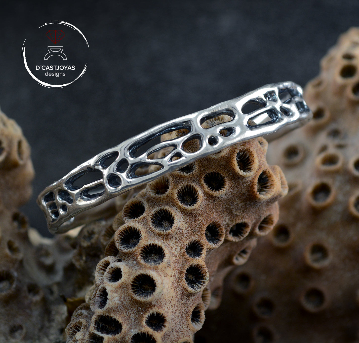 Brazalete plata 925, Brazalete plata rústico de coral, Brazalete plata sólida mujer y hombre,Joyería de océano, Joyería contemporánea - D´Cast