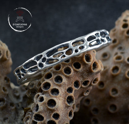 Brazalete plata 925, Brazalete plata rústico de coral, Brazalete plata sólida mujer y hombre,Joyería de océano, Joyería contemporánea - D´Cast