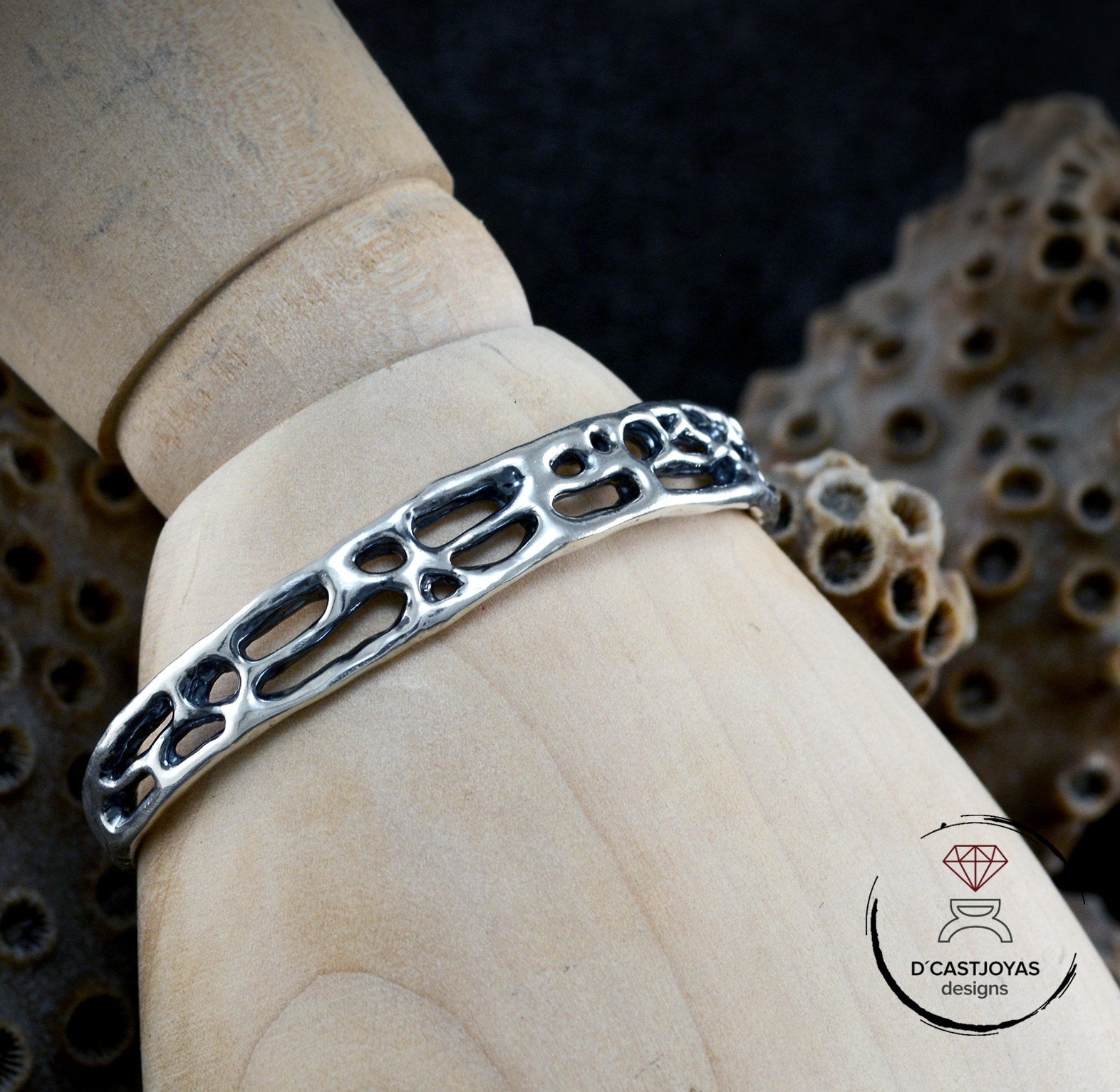 Brazalete plata 925, Brazalete plata rústico de coral, Brazalete plata sólida mujer y hombre,Joyería de océano, Joyería contemporánea - D´Cast