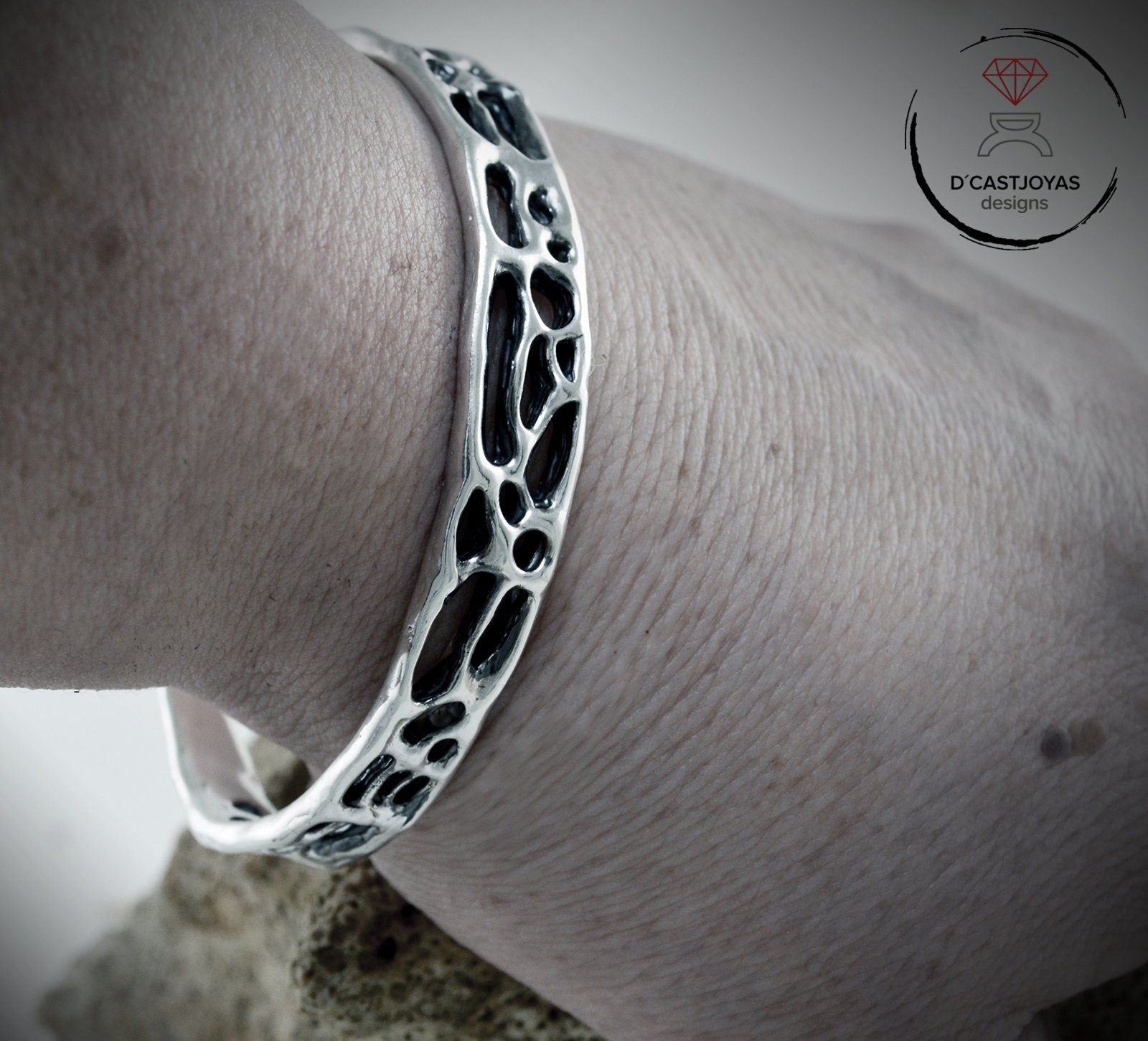 Brazalete plata 925, Brazalete plata rústico de coral, Brazalete plata sólida mujer y hombre,Joyería de océano, Joyería contemporánea - D´Cast