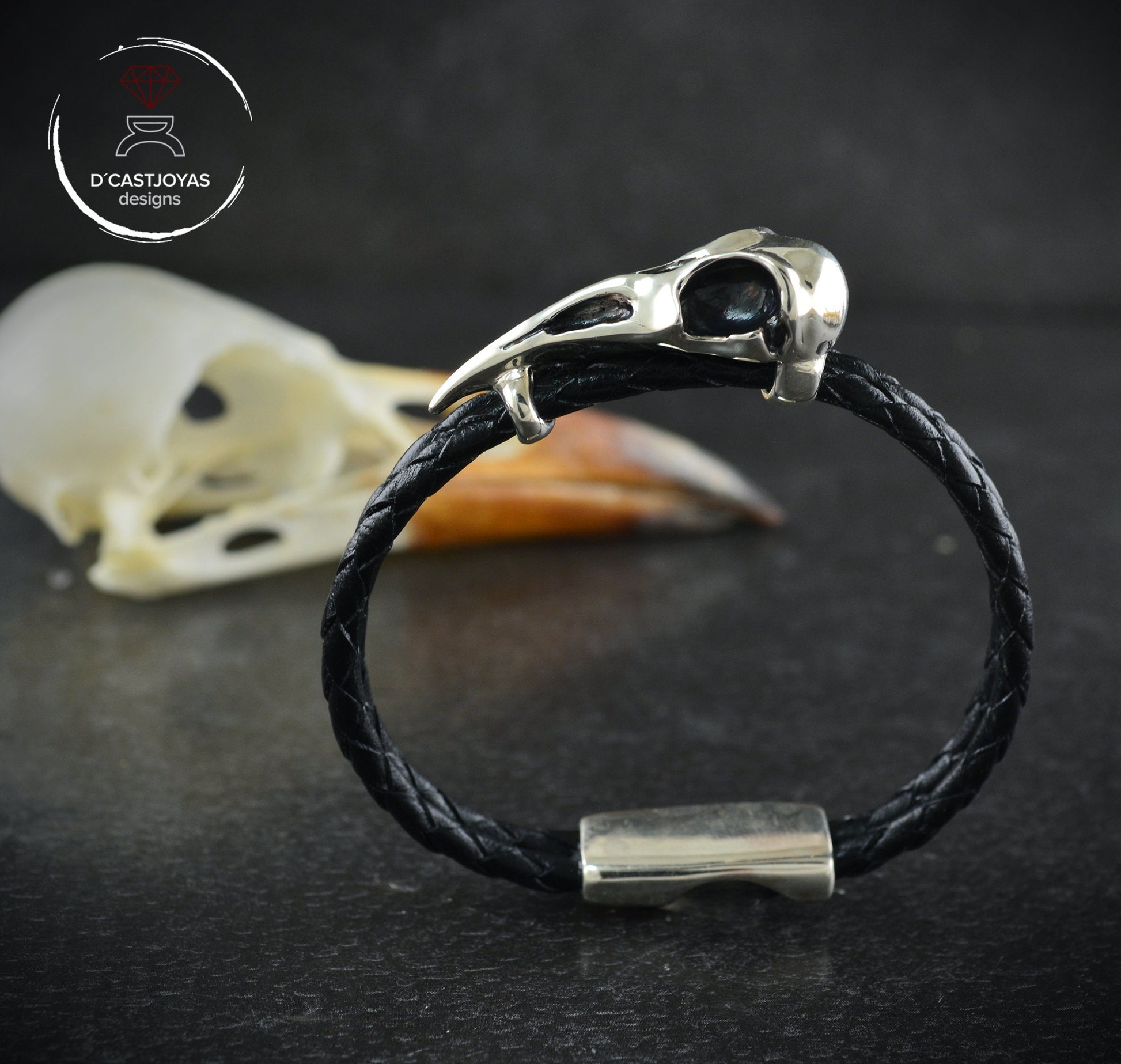 Pulsera Cuervo de plata 925 y  cuero trenzado, Brazalete vikingo - D´Cast