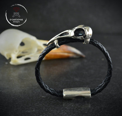 Pulsera Cuervo de plata 925 y  cuero trenzado, Brazalete vikingo - D´Cast