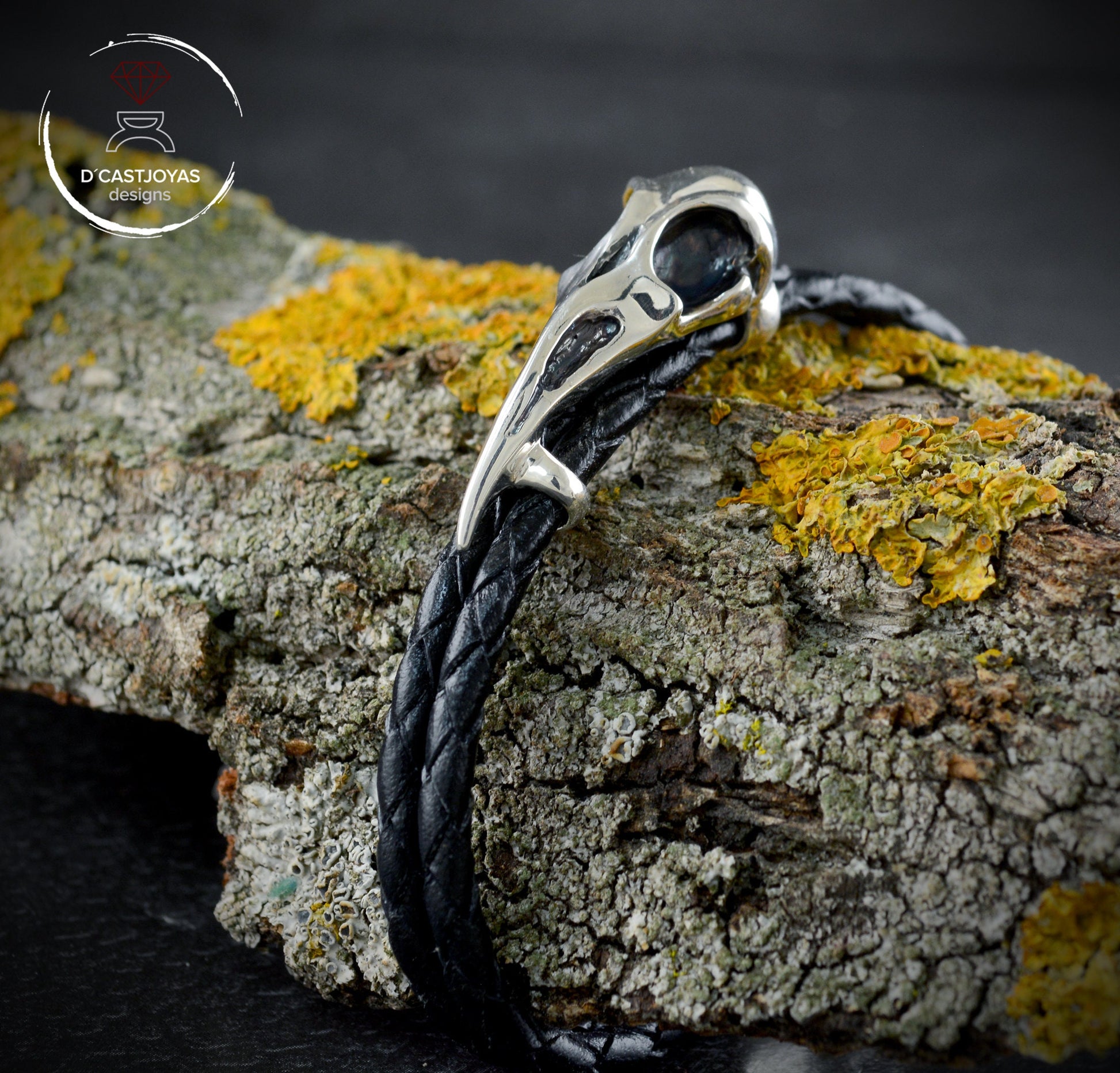 Pulsera Cuervo de plata 925 y  cuero trenzado, Brazalete vikingo - D´Cast