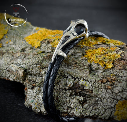Pulsera Cuervo de plata 925 y  cuero trenzado, Brazalete vikingo - D´Cast