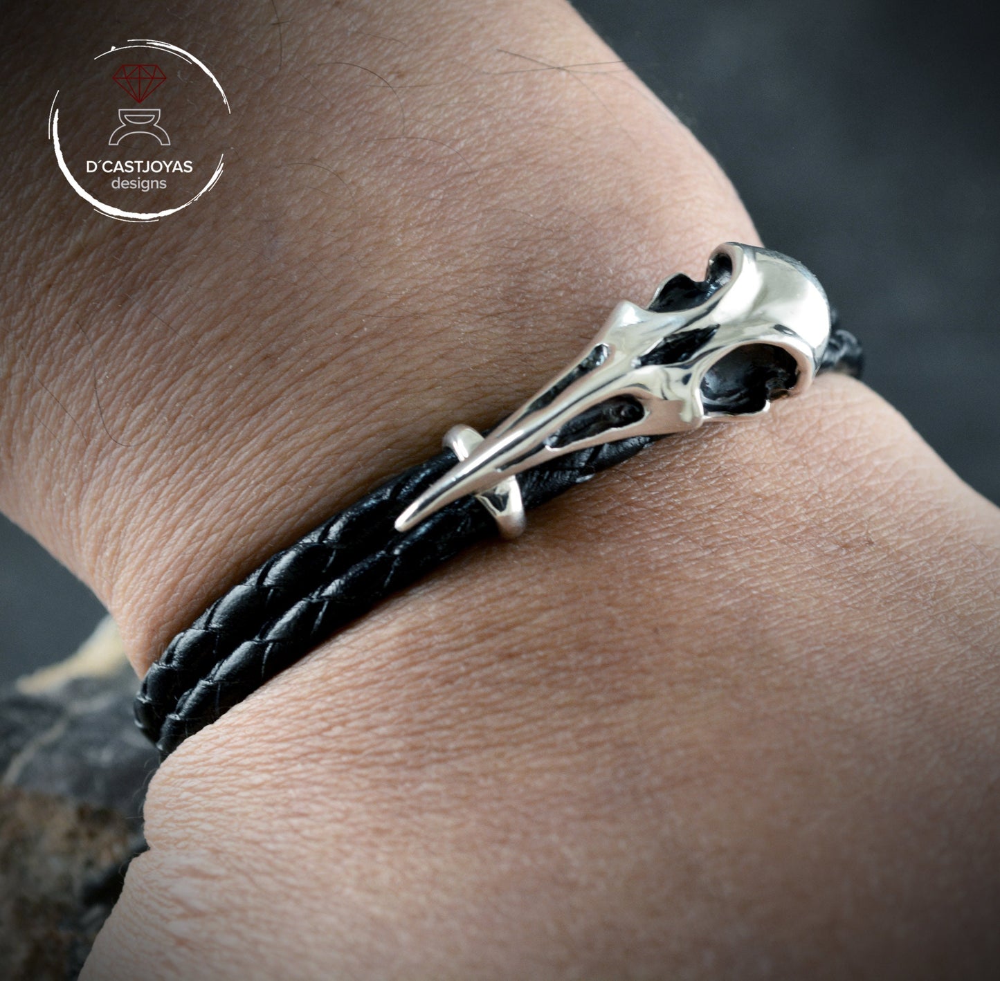 Pulsera Cuervo de plata 925 y  cuero trenzado, Brazalete vikingo - D´Cast