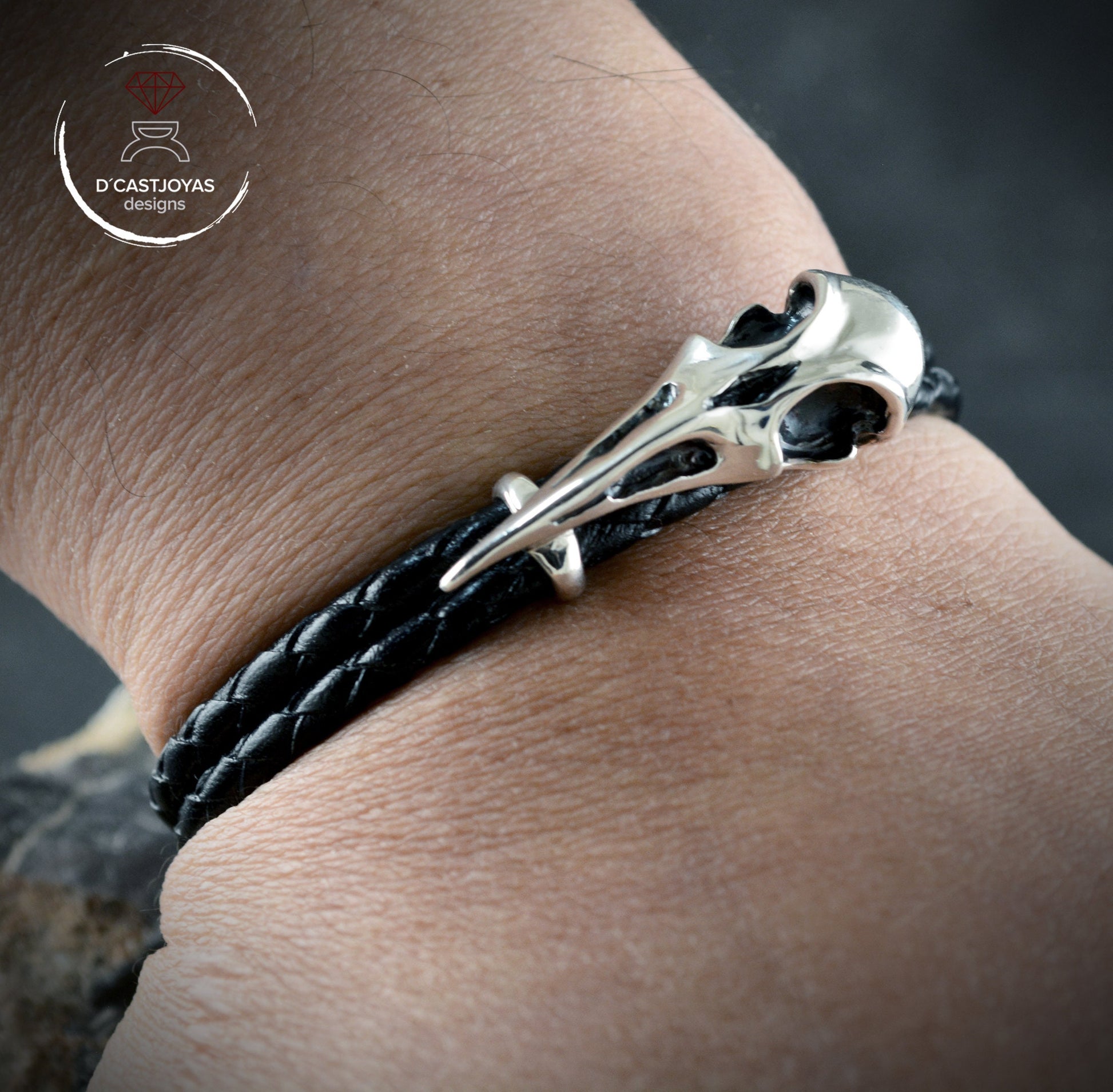 Pulsera Cuervo de plata 925 y  cuero trenzado, Brazalete vikingo - D´Cast