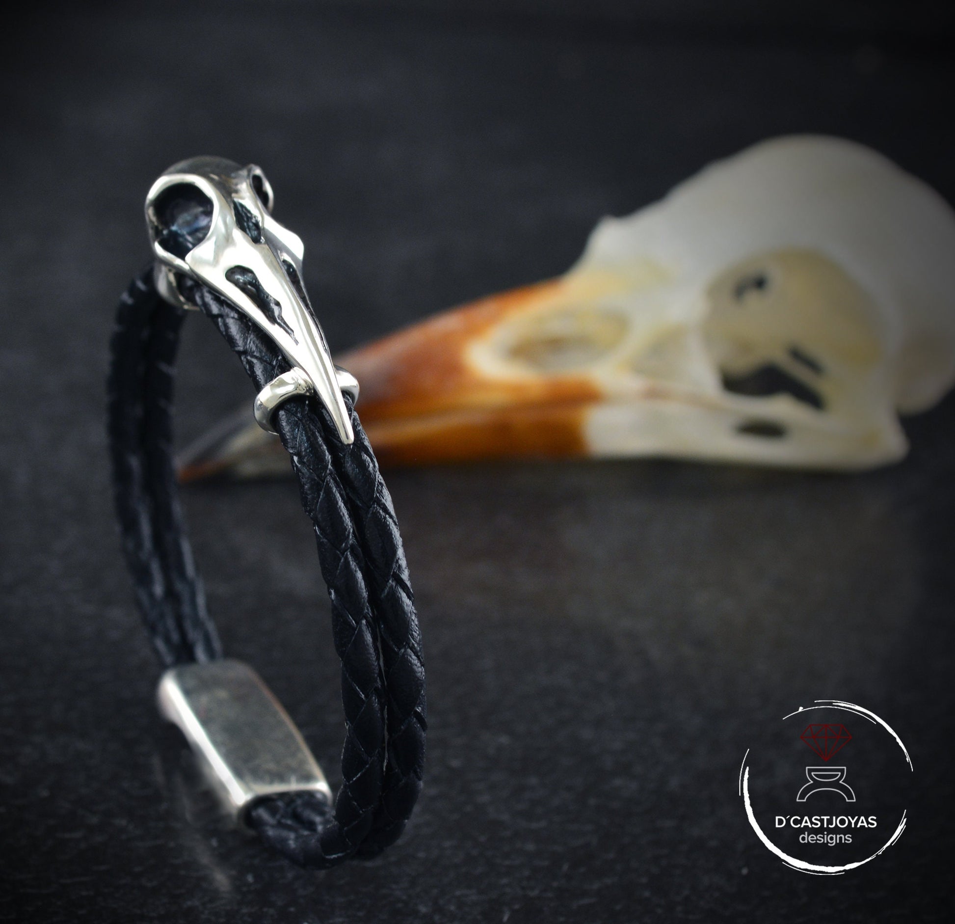 Pulsera Cuervo de plata 925 y  cuero trenzado, Brazalete vikingo - D´Cast