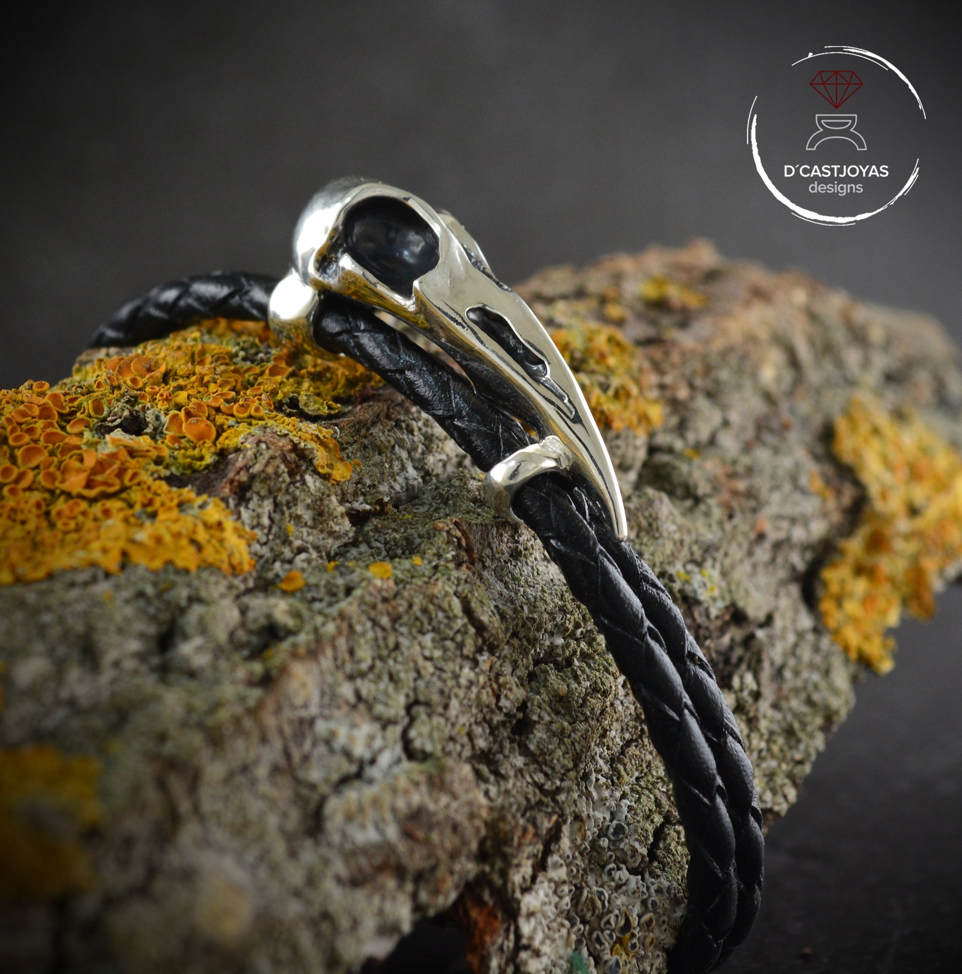 Pulsera Cuervo de plata 925 y  cuero trenzado, Brazalete vikingo - D´Cast
