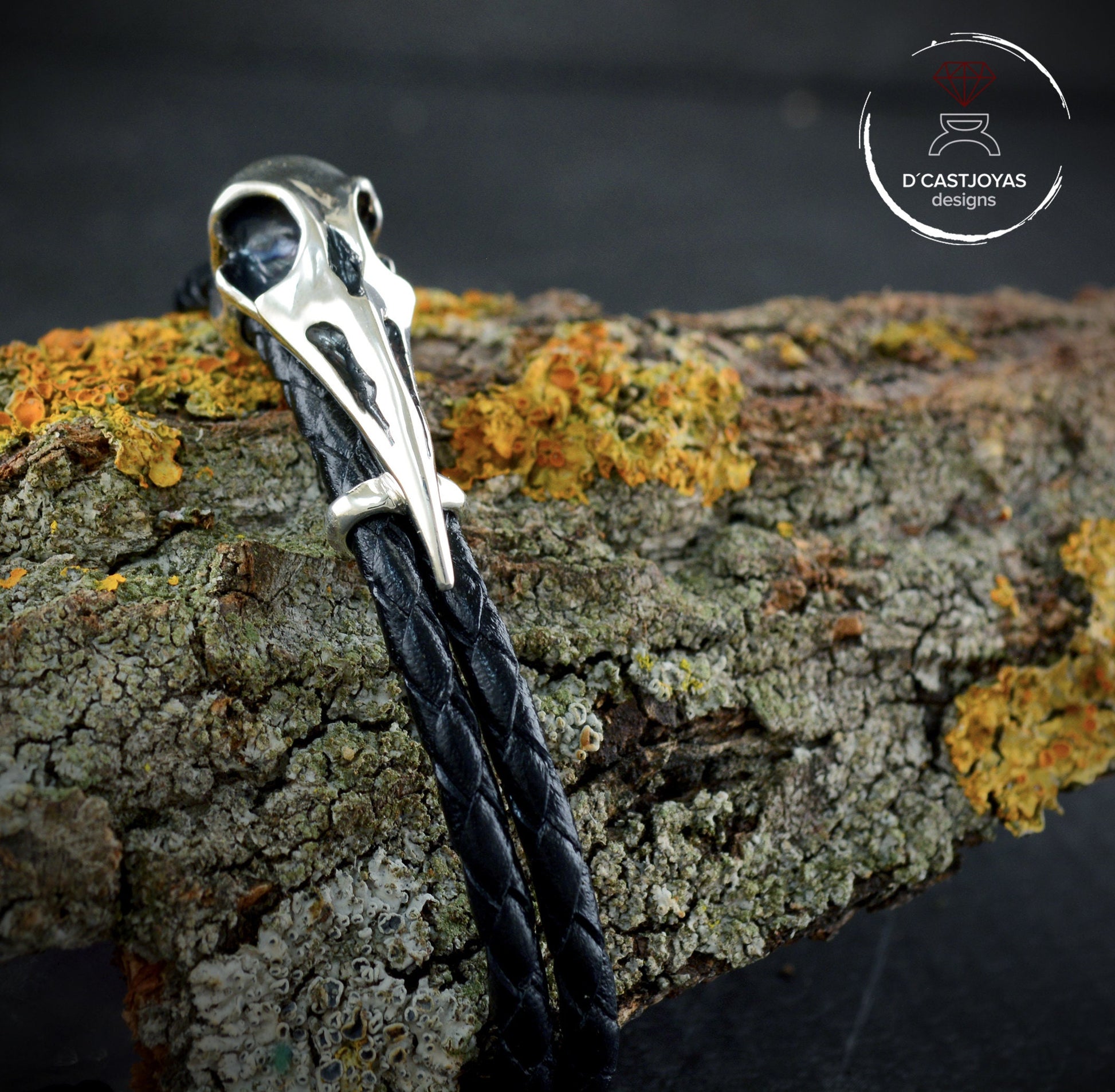 Pulsera Cuervo de plata 925 y  cuero trenzado, Brazalete vikingo - D´Cast