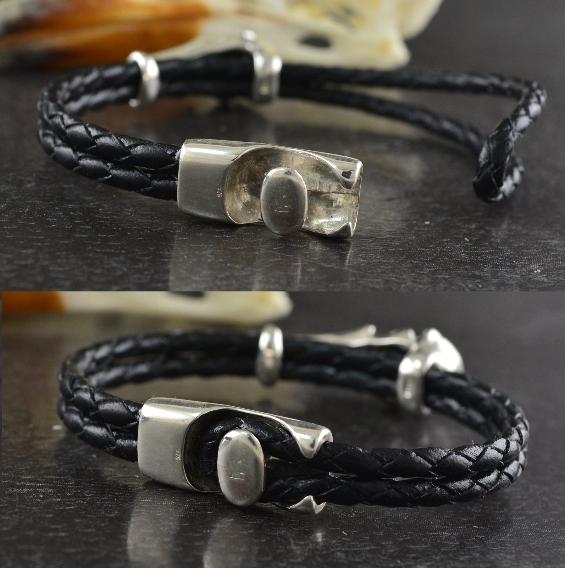 Pulsera Cuervo de plata 925 y  cuero trenzado, Brazalete vikingo - D´Cast