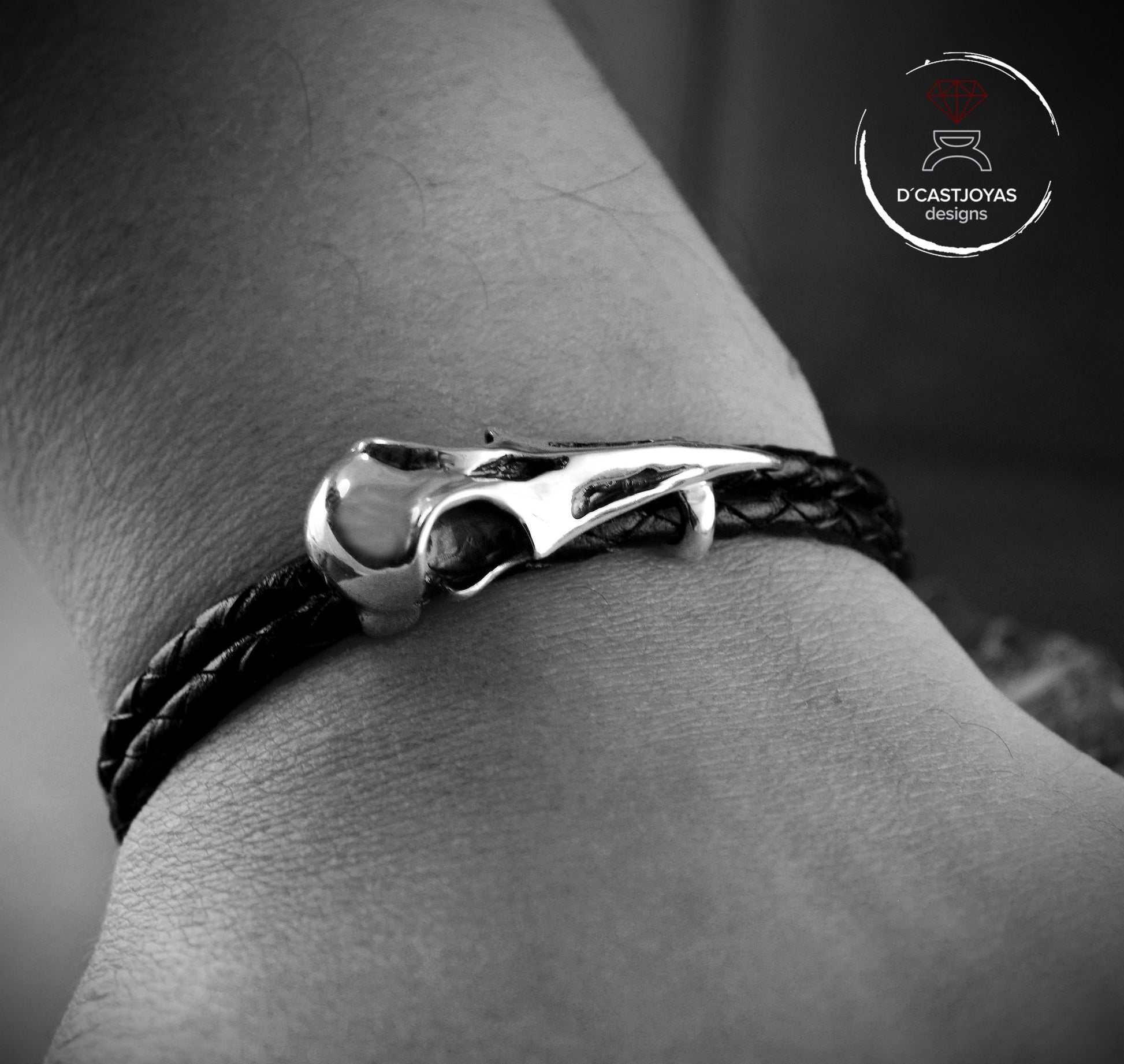 Pulsera Cuervo de bronce y  cuero trenzado, Brazalete vikingo - D´Cast