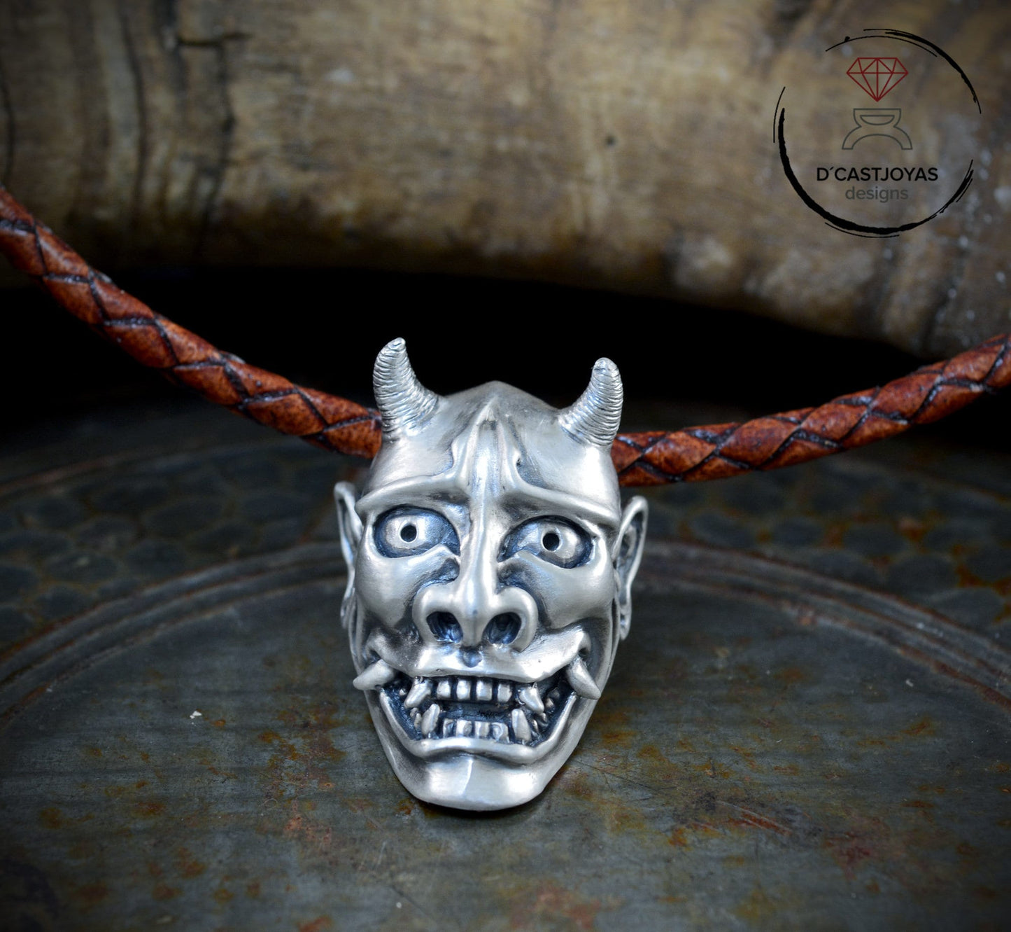 Sterling silver Oni demon mask pendant from Japan, Hannya mask necklace