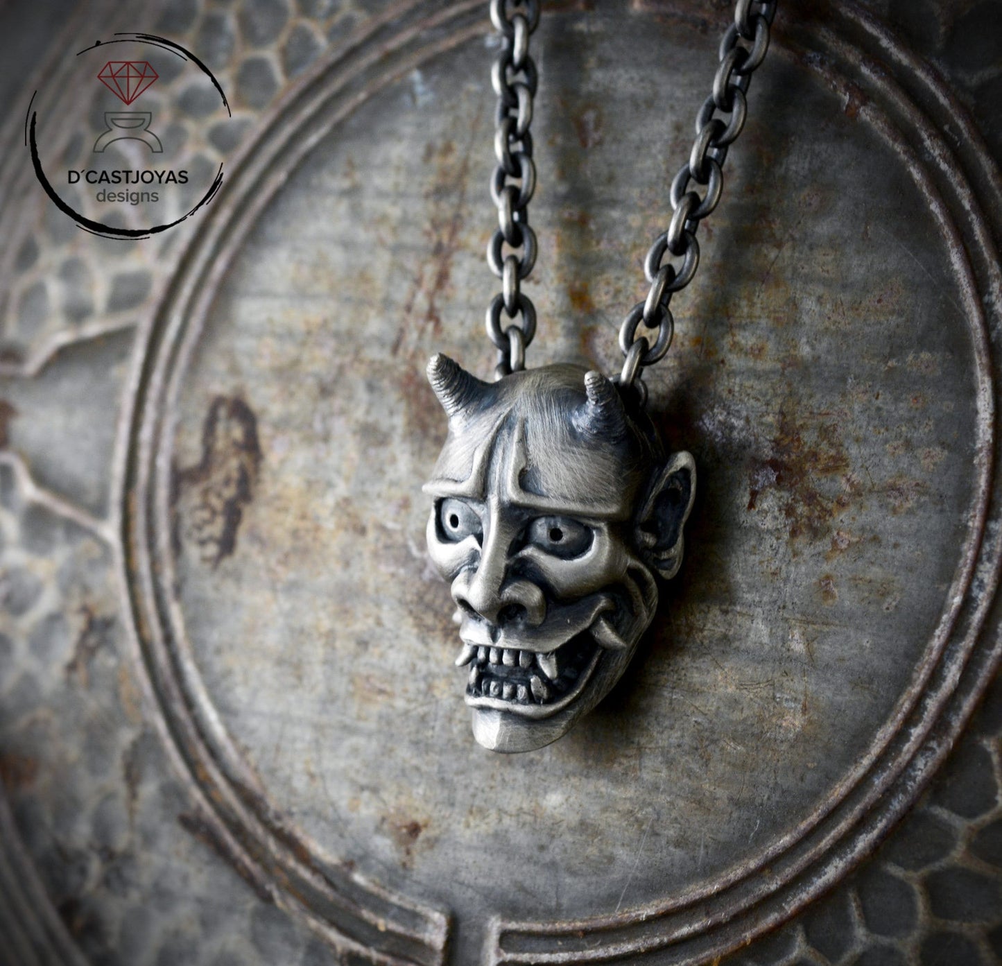 Sterling silver Oni demon mask pendant from Japan, Hannya mask necklace
