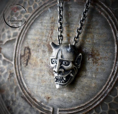 Sterling silver Oni demon mask pendant from Japan, Hannya mask necklace
