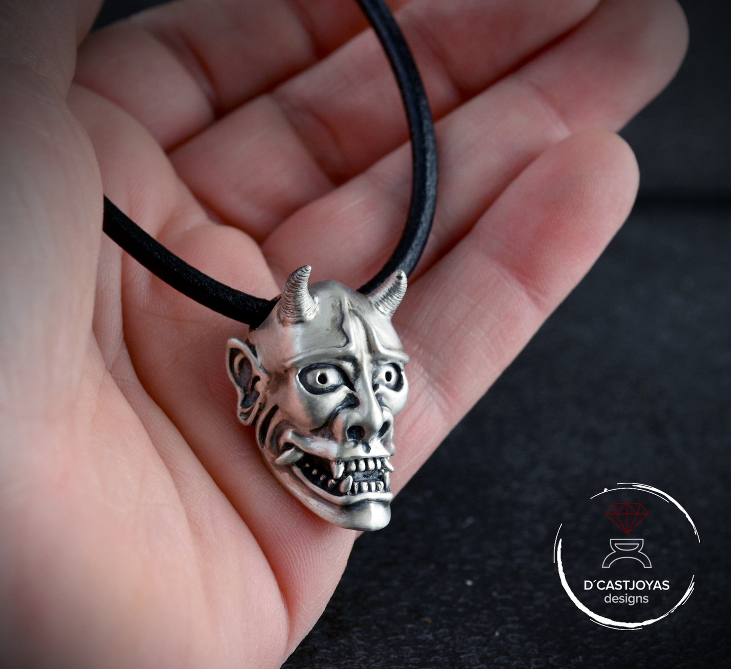 Sterling silver Oni demon mask pendant from Japan, Hannya mask necklace