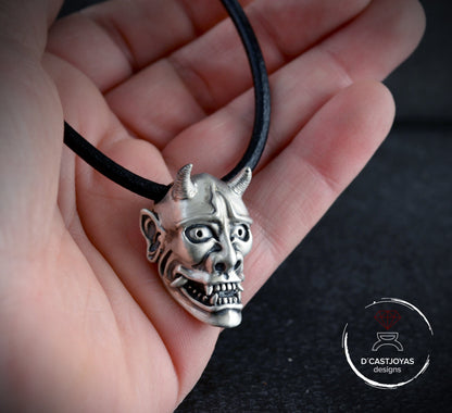 Sterling silver Oni demon mask pendant from Japan, Hannya mask necklace