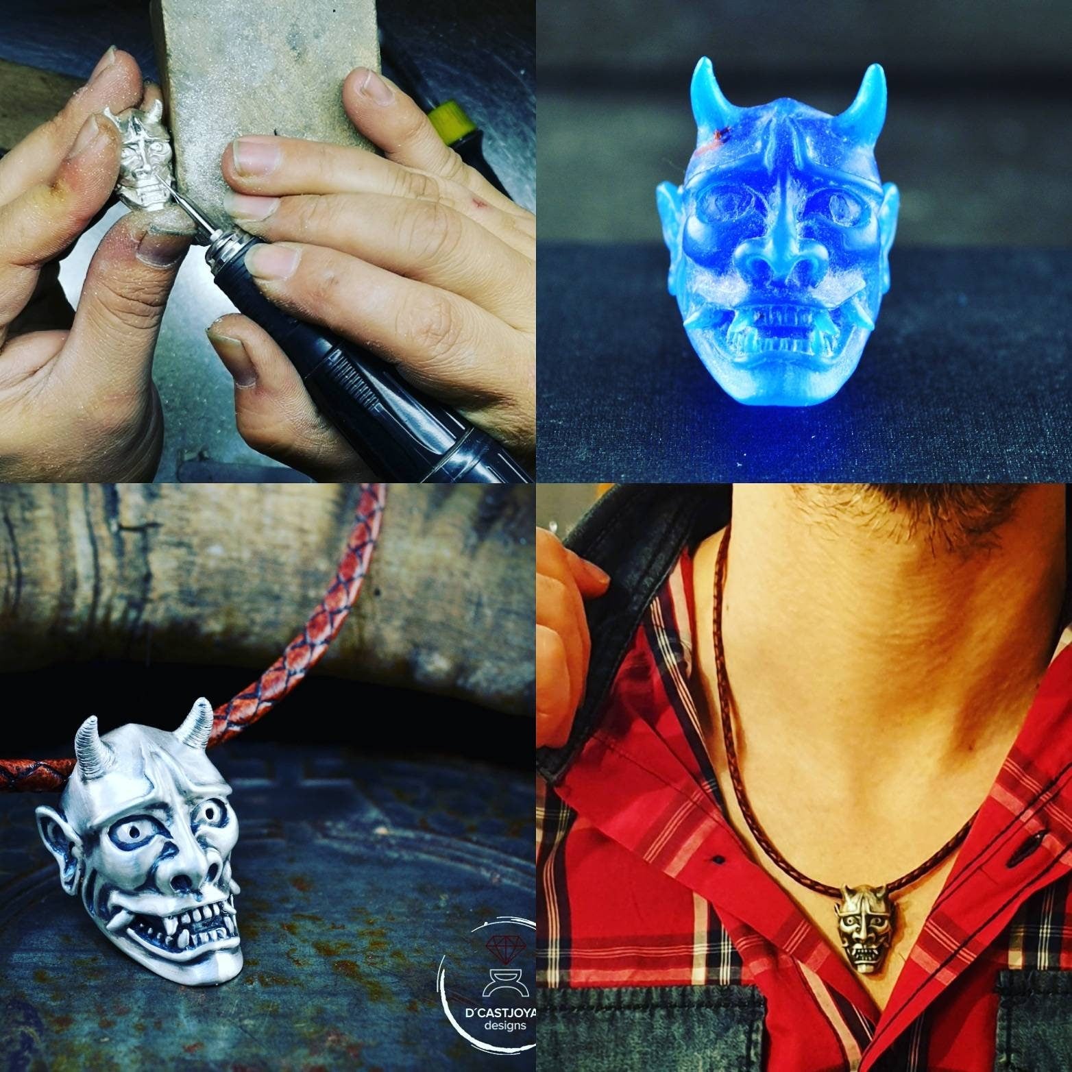 Colgante Demonio Oni de Japón en plata de ley y piedras naturales, Collar  máscara de Hannya - D´Cast