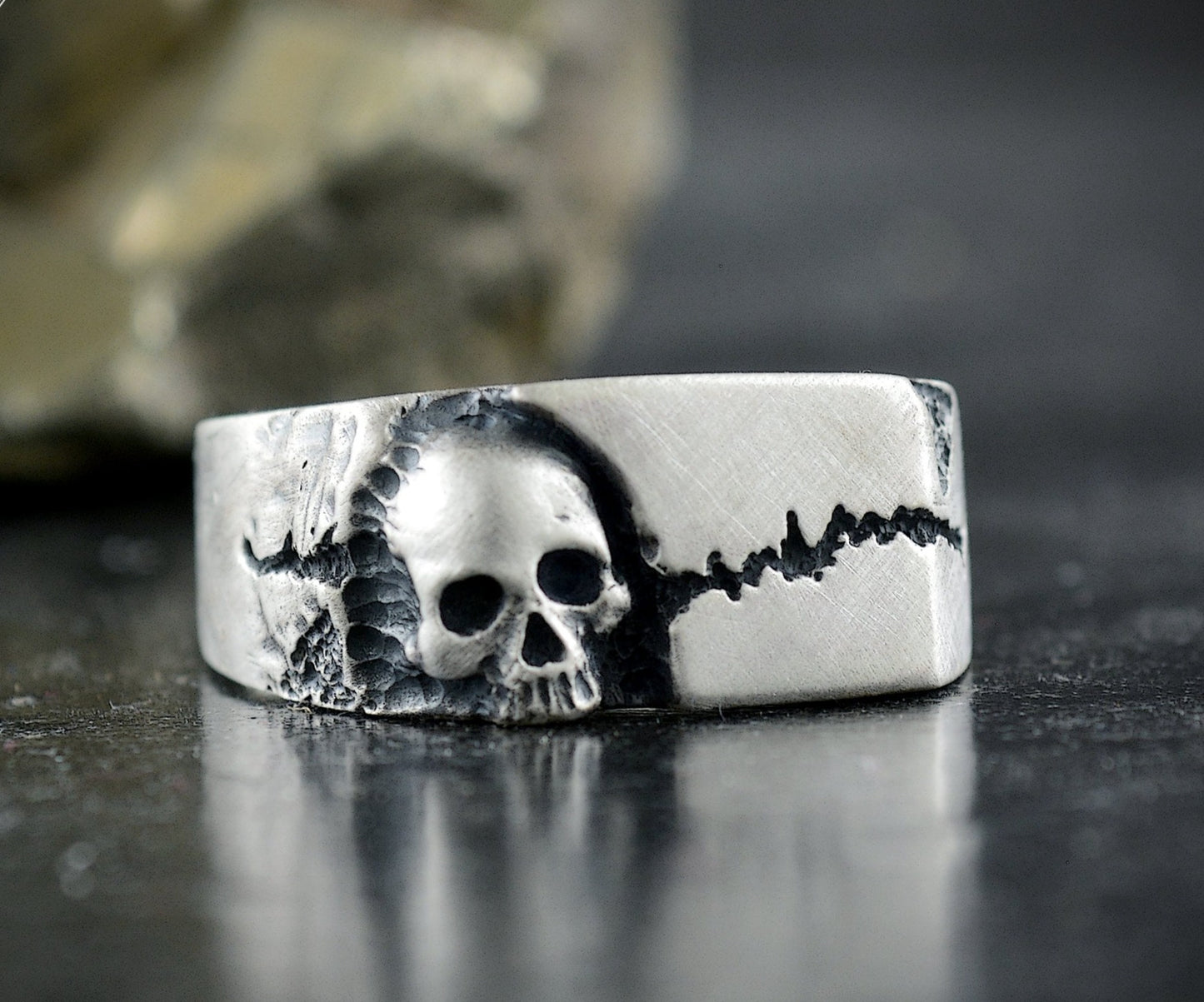 925 silver skull seal ring, Cracked rock texture seal ring, Mens jewelry, Handmade ring