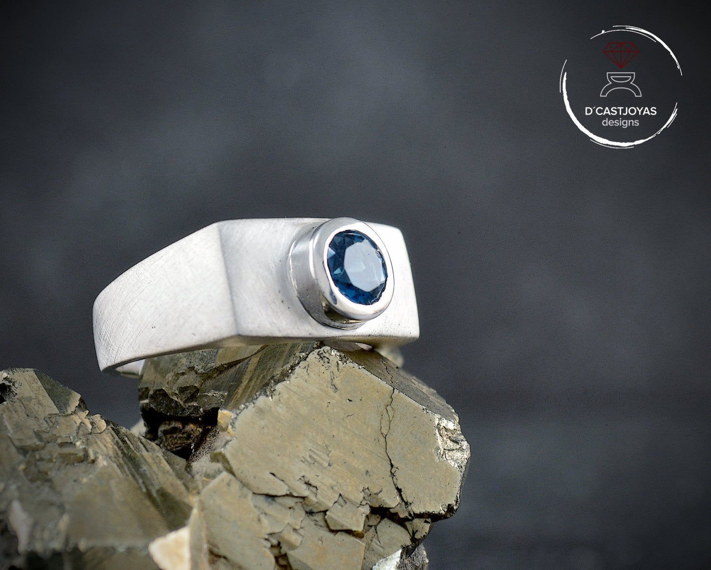 Men's sterling silver ring with blue stone, signet ring with natural blue topaz