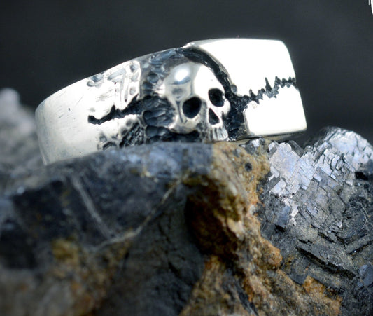 925 silver skull seal ring, Cracked rock texture seal ring, Mens jewelry, Handmade ring