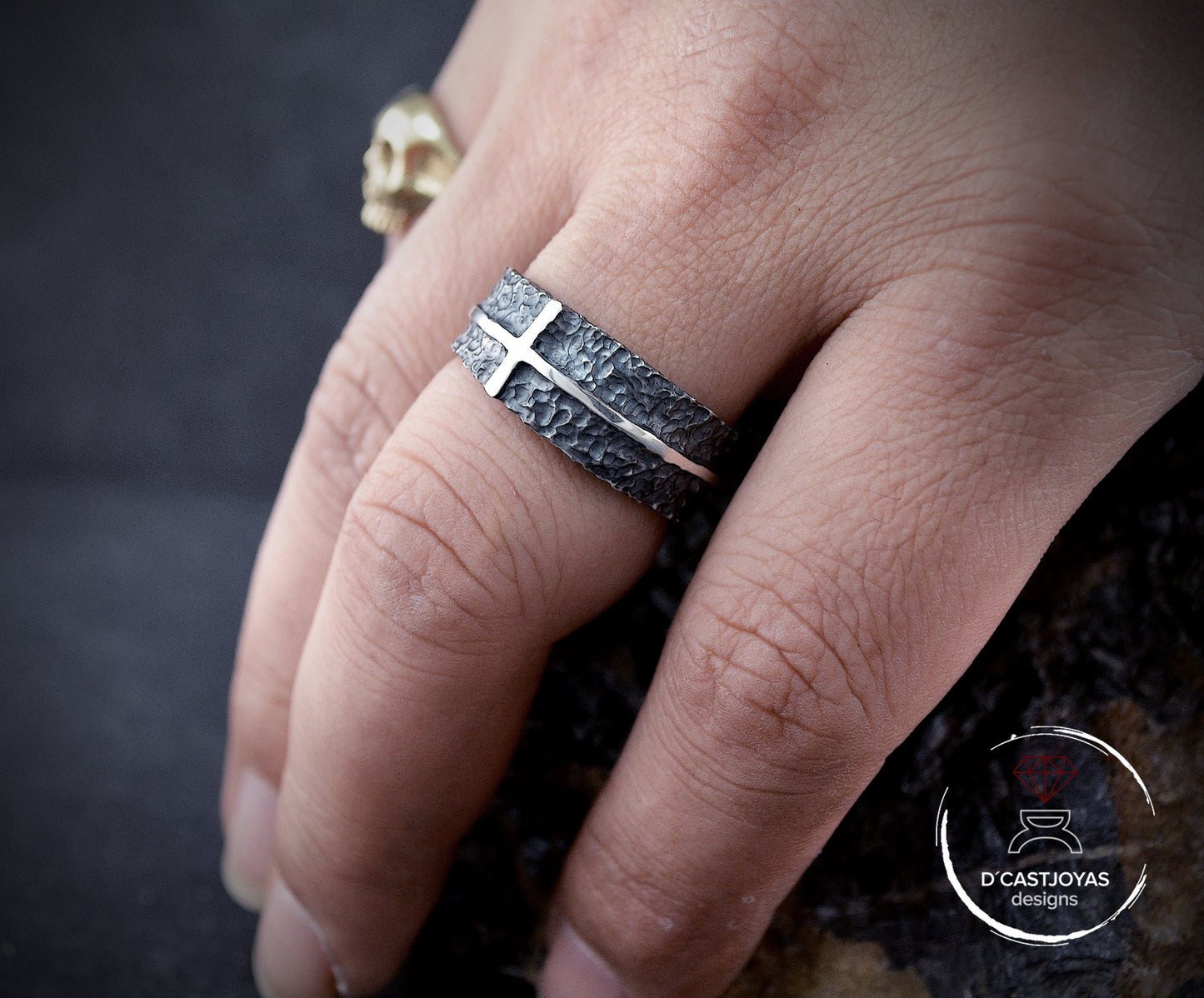Rustic hammered 925 silver band, Wide hammered wedding band with cross, Men's wedding band, Handmade wedding band, Cool Christmas gift